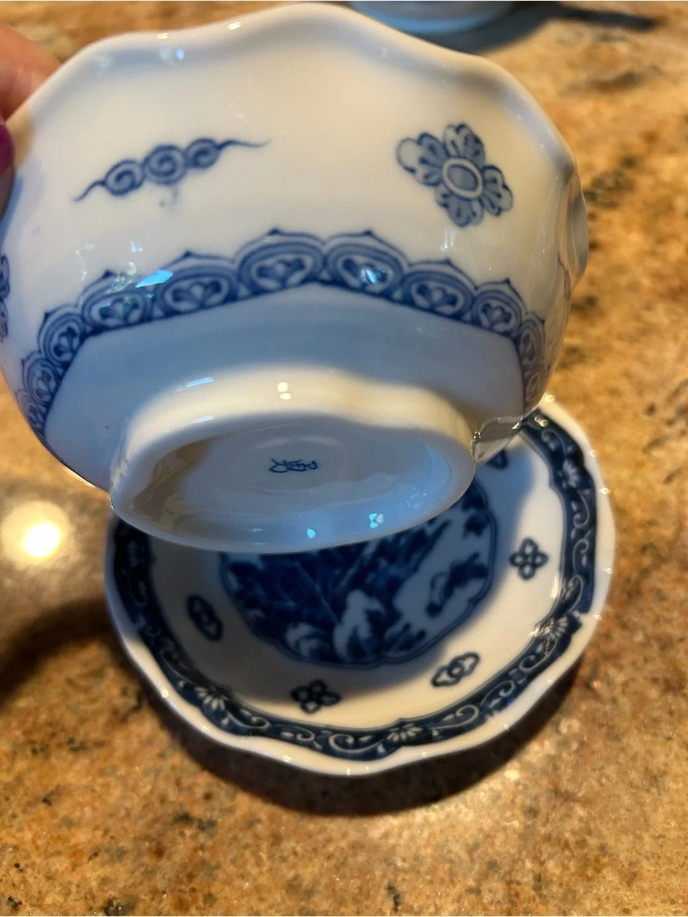 Akira Ale-Net Japanese Mino Ware Porcelain “Indigo Dye” Bowl & Saucer (2) Sets